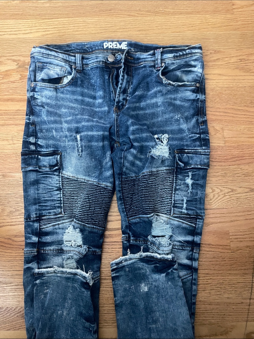 Men’s Distressed Blue Denim Cargo Moto Jeans